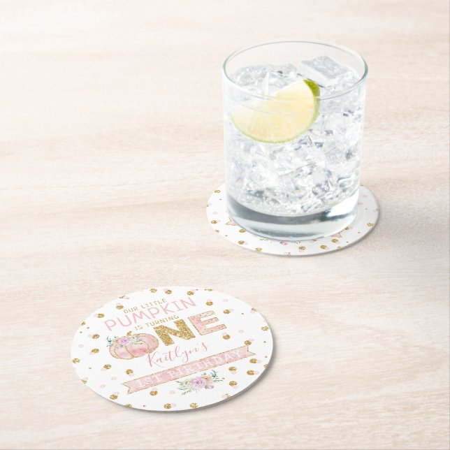 Dessous-de-verre Rond En Papier Petites filles Citrouilles 1er anniversaire (En situation)