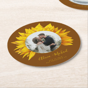 Dessous-de-verre Rond En Papier Photo de tournesol Mariage rustique à sauver la da