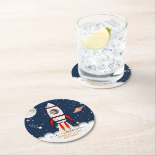 Dessous-de-verre Rond En Papier Photo du 2e anniversaire du Moon Rocket Ship