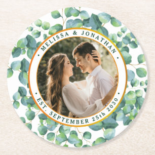 Dessous-de-verre Rond En Papier Photo moderne Eucalyptus Mariage or vert