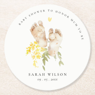 Dessous-de-verre Rond En Papier Pieds bébé Jaune Floral Sexe Baby shower neutre