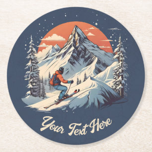Dessous-de-verre Rond En Papier Pin de montagne vintage Ski orange coucher de sole