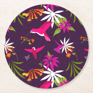 Dessous-de-verre Rond En Papier Pink Purple Joli Motif Tropical Colibri