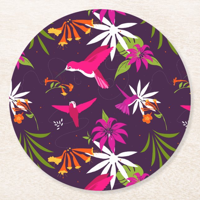 Dessous-de-verre Rond En Papier Pink Purple Joli Motif Tropical Colibri (Devant)
