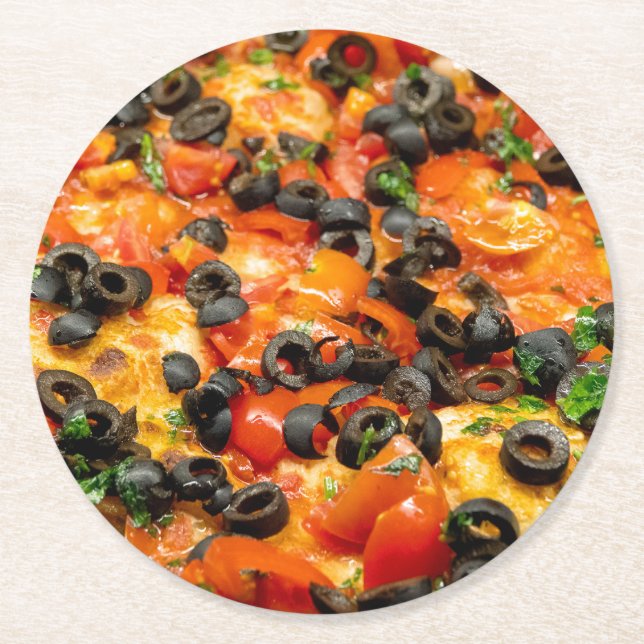 Dessous-de-verre Rond En Papier Pizza aux olives noires (Devant)