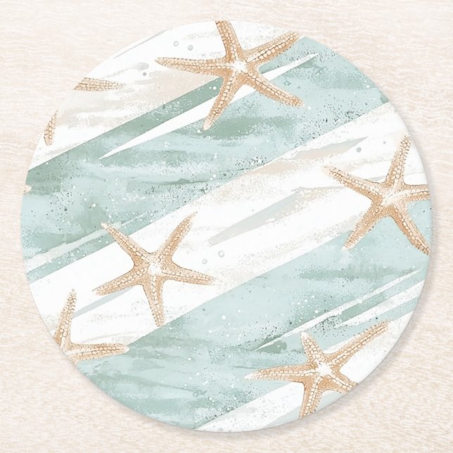 Dessous-de-verre Rond En Papier Plage Aqua Mint Starfish Stripes Mariage (Devant)