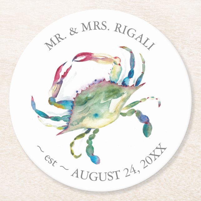 Dessous-de-verre Rond En Papier Plage Mariage Crabe Bleu Cuisine personnalisée (Devant)