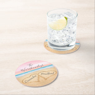 Dessous-de-verre Rond En Papier Plage violet rose vif Mariage 2 Coeurs dans le sab