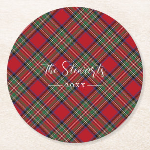 Dessous-de-verre Rond En Papier Plaid Rustique Rouge Vert Ferme Tartan