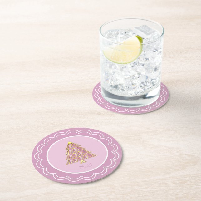Dessous-de-verre Rond En Papier Plaque en papier Joyoux Noel rose (En situation)