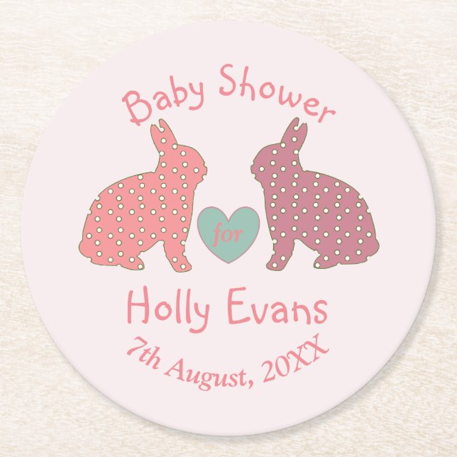 Dessous-de-verre Rond En Papier Polka Dot Bunnies Baby shower Personnalisé (Devant)