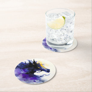 Dessous-de-verre Rond En Papier Portrait abstrait aquarelle cheval noir