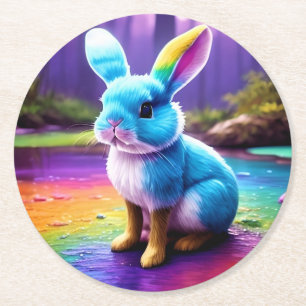 Dessous-de-verre Rond En Papier Portrait de lapin bleu mignon assis-36558