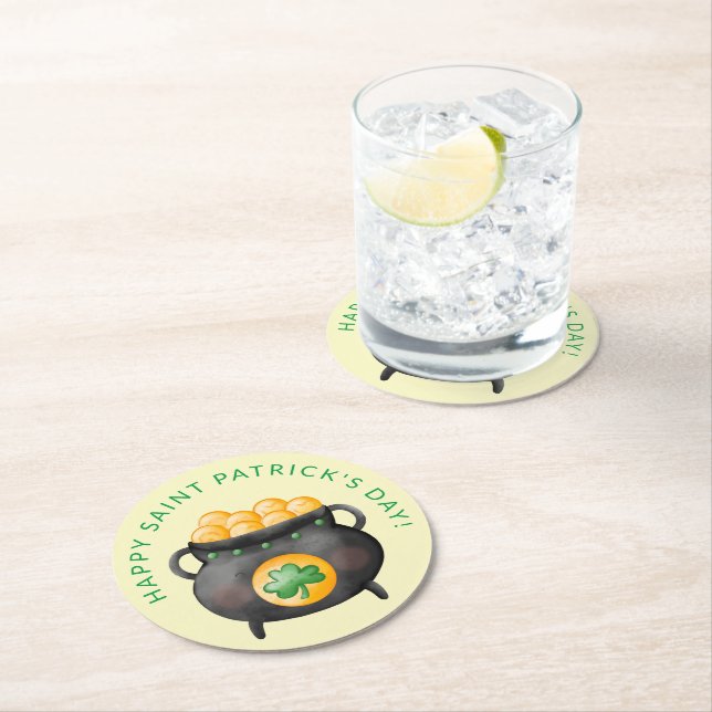 Dessous-de-verre Rond En Papier Pot d'or Joyeuse Saint-Patrick (En situation)