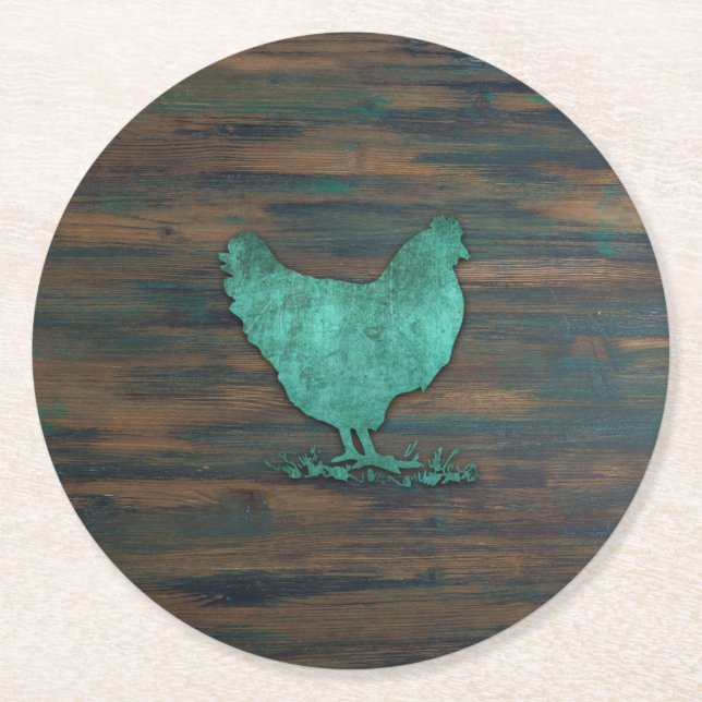 Dessous-de-verre Rond En Papier Poulet rustique (Teal) (Devant)
