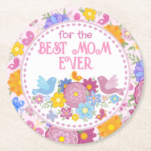 Dessous-de-verre Rond En Papier Pour la meilleure maman qui soit fleurs et papillo