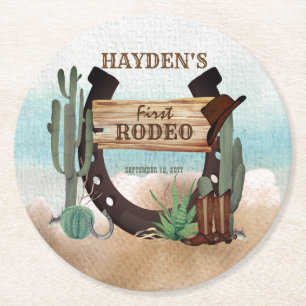 Dessous-de-verre Rond En Papier Premier Rodeo Cowboy Western Boy 1ère fête d'anniv