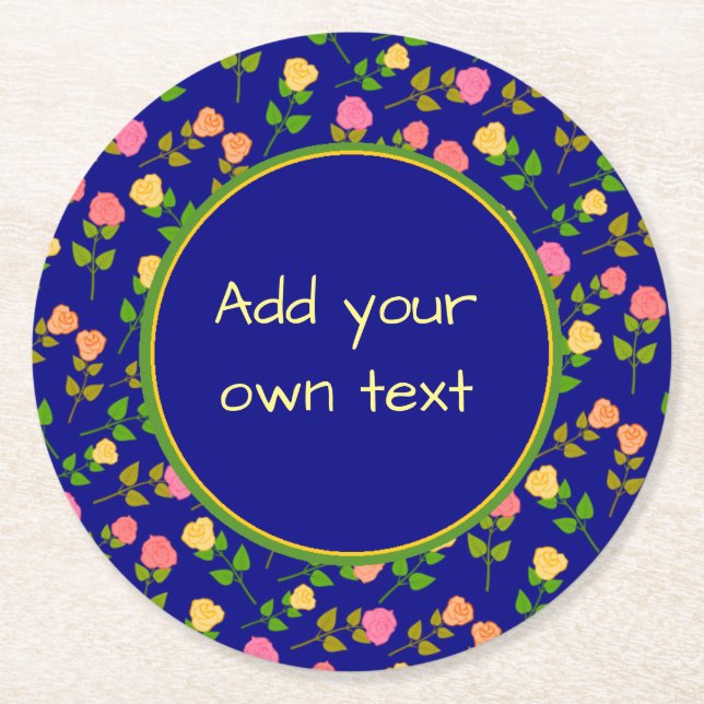 Dessous-de-verre Rond En Papier Pretty Blue Rose Pattern Custom Text (Devant)