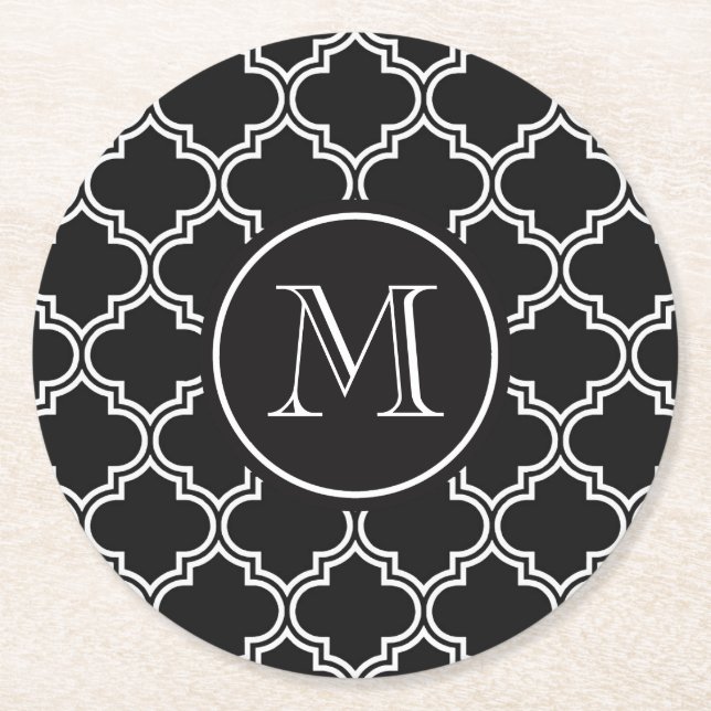 Dessous-de-verre Rond En Papier Quatrefoil noir et blanc (Devant)