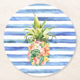 Dessous-de-verre Rond En Papier Rayures Blanches Bleues Fleur Tropicale Ananas
