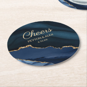 Dessous-de-verre Rond En Papier Réception de mariage en agate marbrée bleu marine 