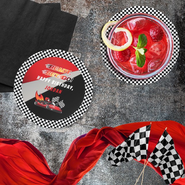 Dessous-de-verre Rond En Papier Red | Black Go Kart Racing Anniversaire (Red and Black Go Kart Racing Kid's "Ready, Set, Go!" Birthday Party Coasters)