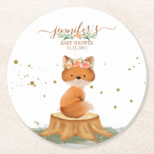 Dessous-de-verre Rond En Papier Renard Mignon avec Couronne de Fleurs Baby Shower