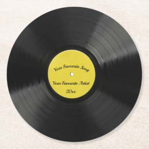 Dessous-de-verre Rond En Papier Rétro disque vinyle Editable avec le centre jaune