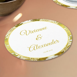 Dessous-de-verre Rond En Papier Retro Gold Green Mariage damassé
