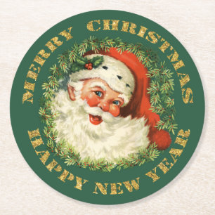 Dessous-de-verre Rond En Papier Rétro vieux Père Noël gai et guirlande