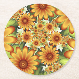 Dessous-de-verre Rond En Papier Rêve Floral, Art Fractal Moderne Abstrait Fleur
