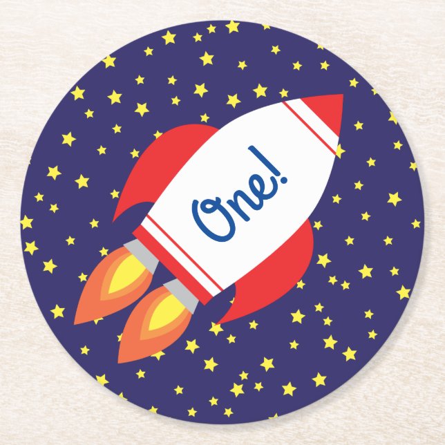 Dessous-de-verre Rond En Papier Rocketship Outer Space mignon Enfant Anniversaire (Devant)