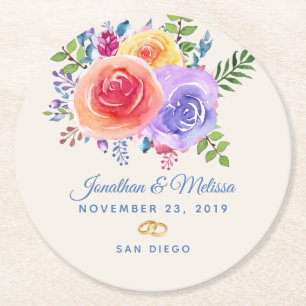 Dessous-de-verre Rond En Papier Rose coloré aquarelle Mariage floral