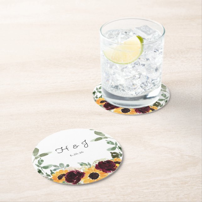 Dessous-de-verre Rond En Papier Rose de tournesol Eucalyptus Monogram Mariage (En situation)