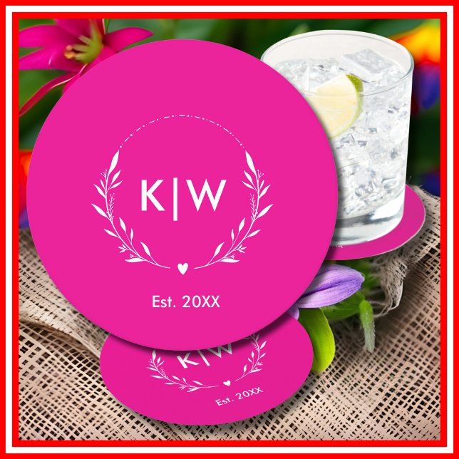 Dessous-de-verre Rond En Papier Rose et Blanc | Monogramme Initiales Moderne (Pink and White | Modern Initials Monogram Round Paper Coaster)