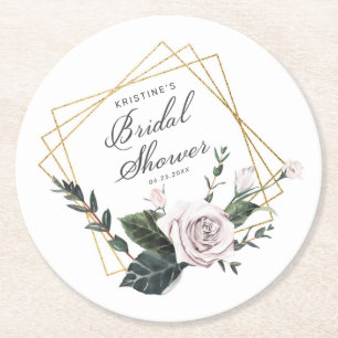 Dessous-de-verre Rond En Papier Rose Florale Rose Moderne Cadre Doré Baby Shower