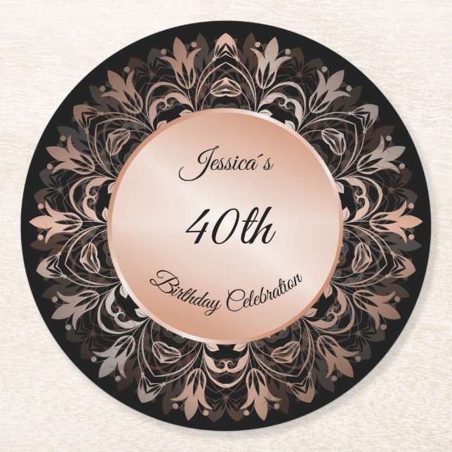 Dessous-de-verre Rond En Papier Rose Gold Black Floral Mandala  (Devant)
