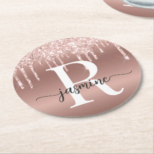 Dessous-de-verre Rond En Papier Rose Gold Pailletés Gouttes Métal Féminin Monogram