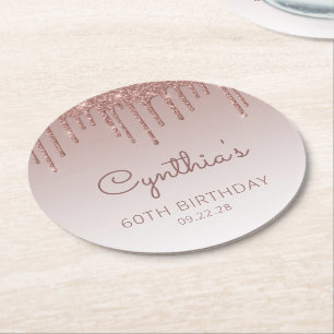 Dessous-de-verre Rond En Papier Rose Gold Parties scintillant Drip 60e fête d'anni