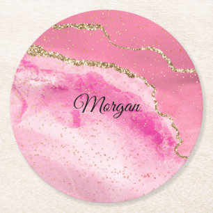 Dessous-de-verre Rond En Papier Rose & Or Agate & Or Stars, DO-IT-YOURSELF Nom Noi