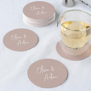 Dessous-de-verre Rond En Papier Rose Taupe Mariage de script manuscrit moderne