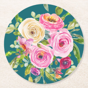 Dessous-de-verre Rond En Papier Roses aquarelles en rose et crème sur fond sarcell