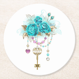Dessous-de-verre Rond En Papier Roses turquoise avec touches