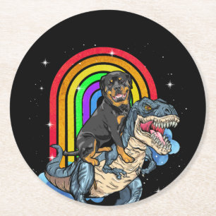 Dessous-de-verre Rond En Papier Rottweiler équitation Dinosaur T rex arc-en-ciel