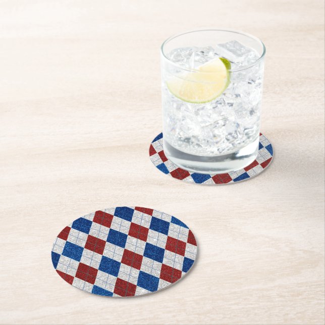 Dessous-de-verre Rond En Papier Rouge, Blanc, Bleu Argyle Juillet 4 Paillettes (En situation)