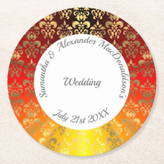 Dessous-de-verre Rond En Papier Rouge orange et or mariage damassé