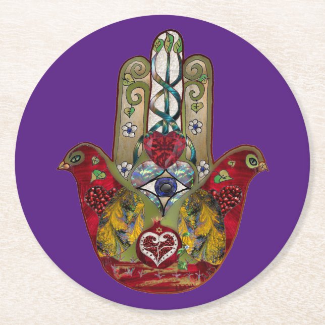 Dessous-de-verre Rond En Papier Ruby Pomegranate Heart Red Bird Hamsa (Devant)