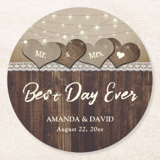 Dessous-de-verre Rond En Papier Rustic Country Bois Mariage Burlap et dentelle
