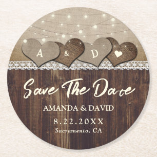 Dessous-de-verre Rond En Papier Rustic Country Bois Mariage Enregistrer La Date