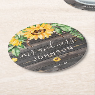 Dessous-de-verre Rond En Papier Rustic Country Sunflower M. et Mme la Mariage